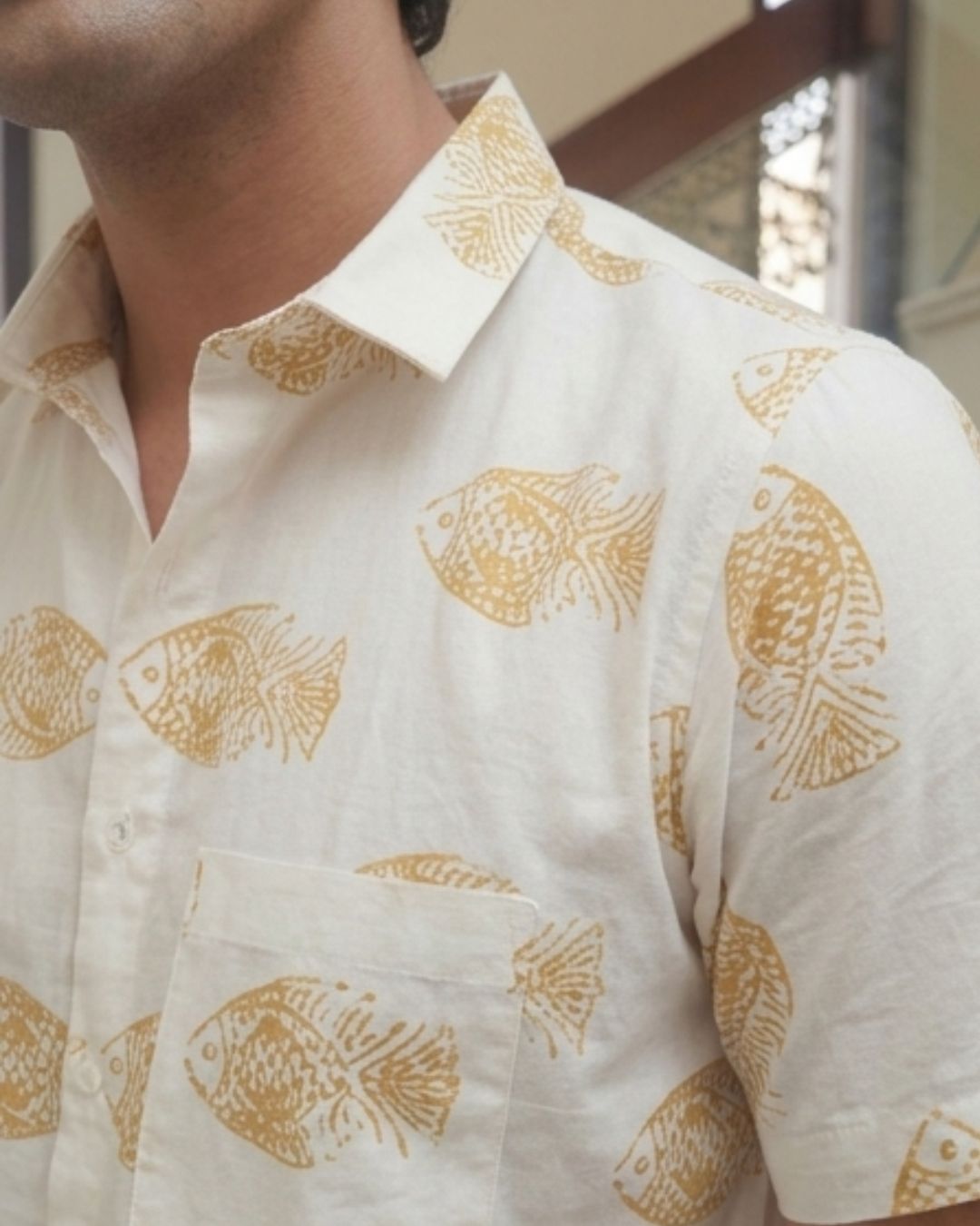 Yellow Fish Print on White Cotton Shirt for Men printed shirt for men by The Dapper X