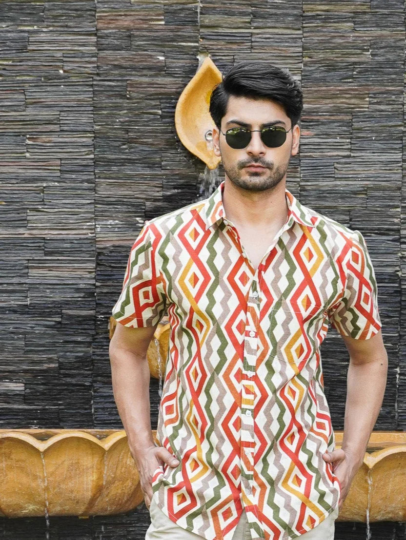 Men’s white multicolour abstract print cotton half sleeve shirt, front view