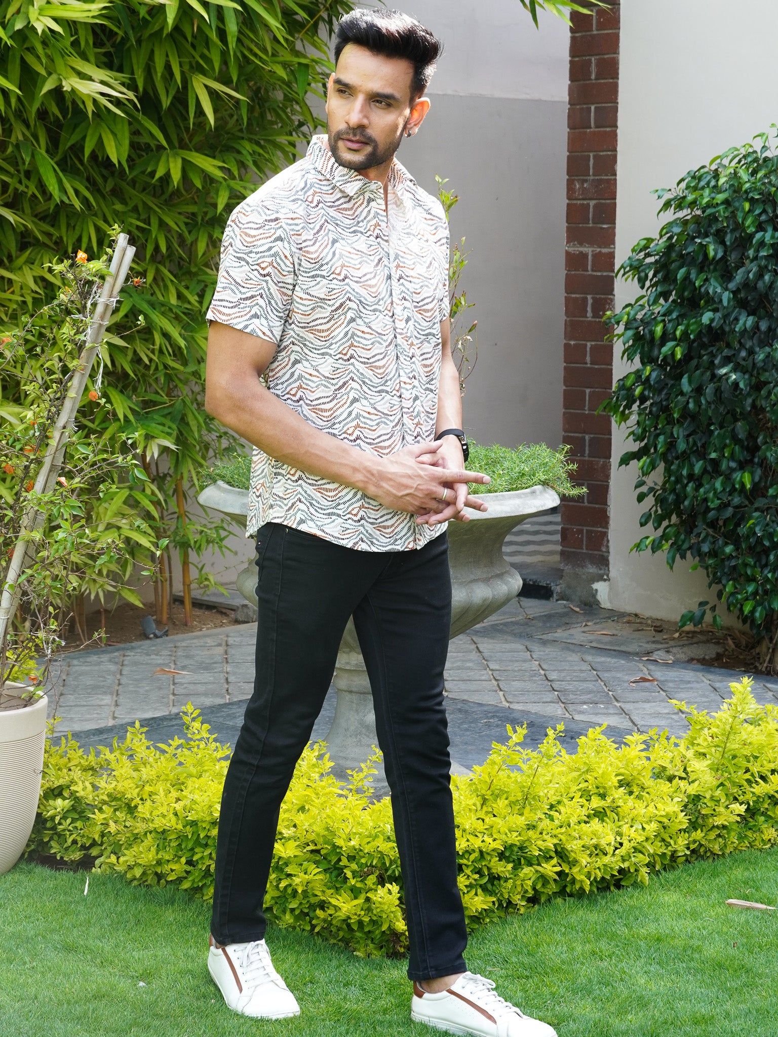 Side view of multicolour wavy print half sleeve shirt for men