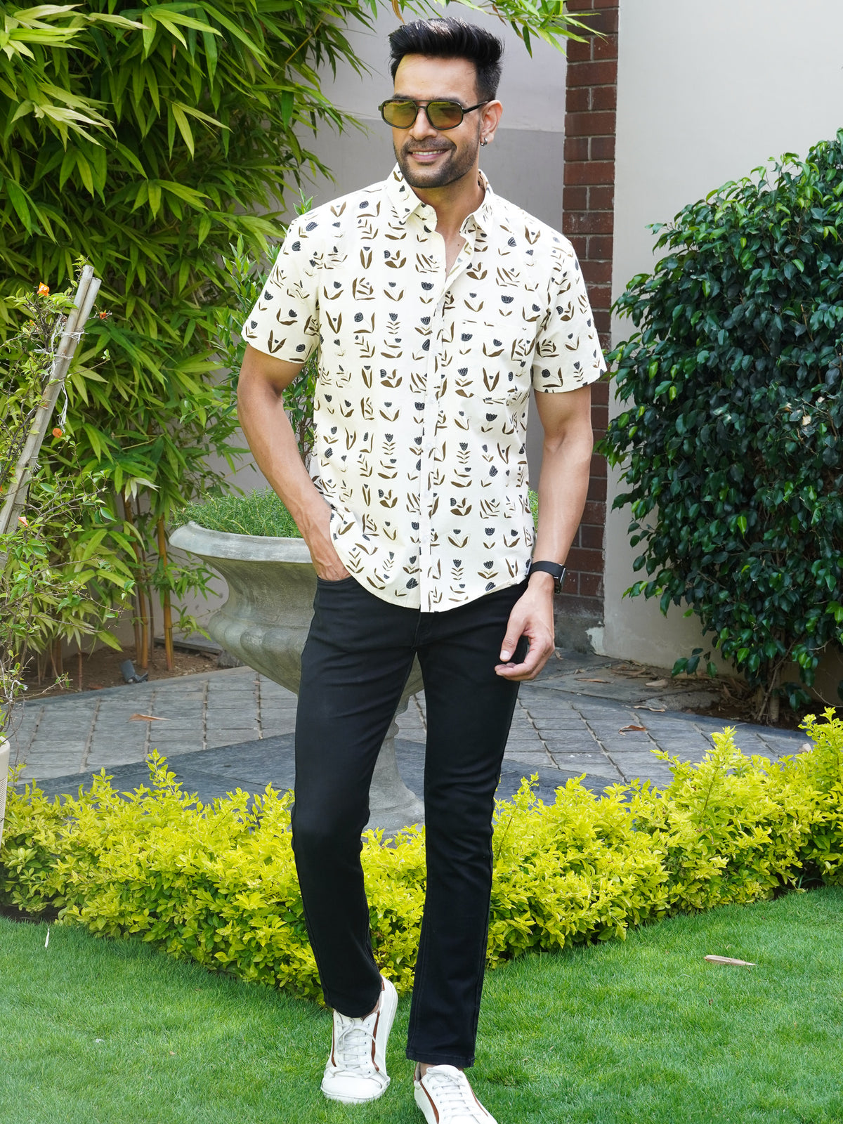 Front view of men’s beige floral printed cotton shirt