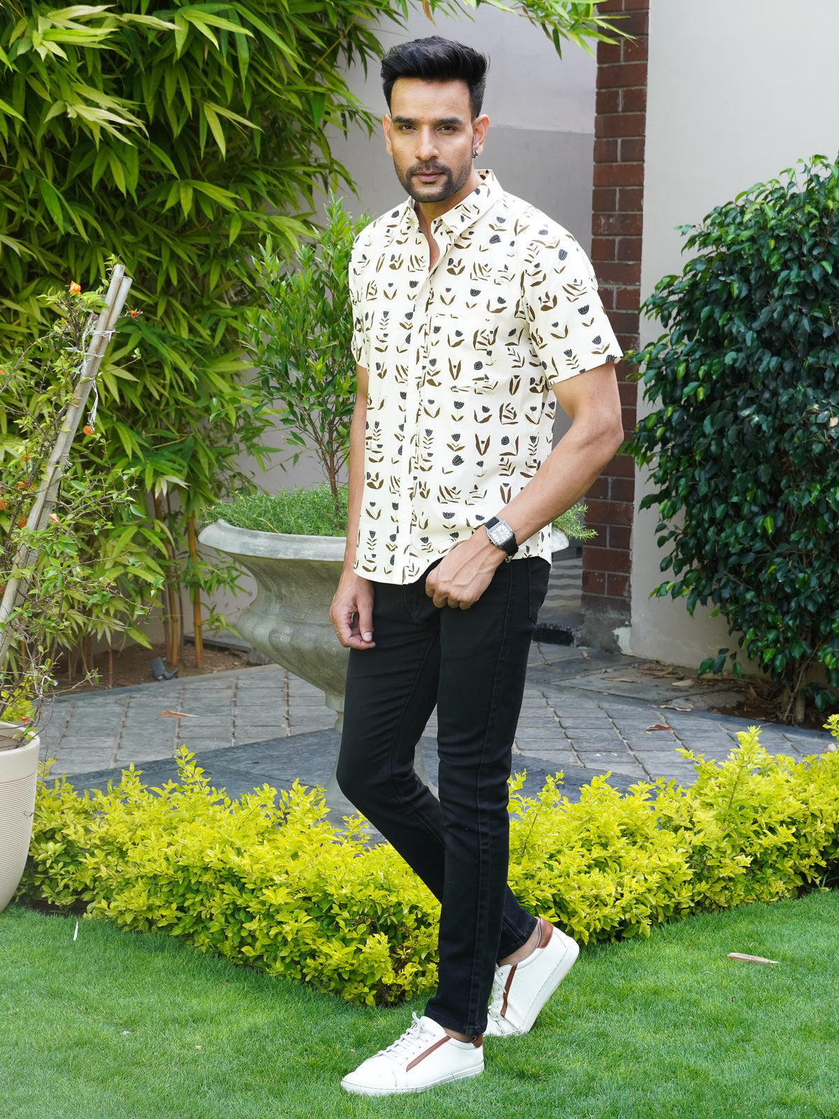 Front view of men’s beige floral printed cotton shirt