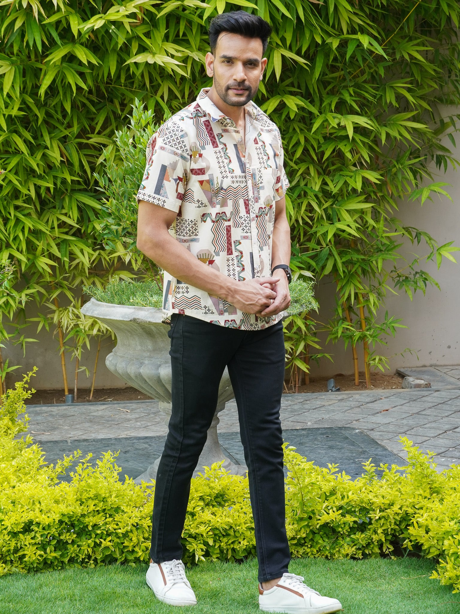 Side view of beige multicolour geometric print half sleeve shirt for men