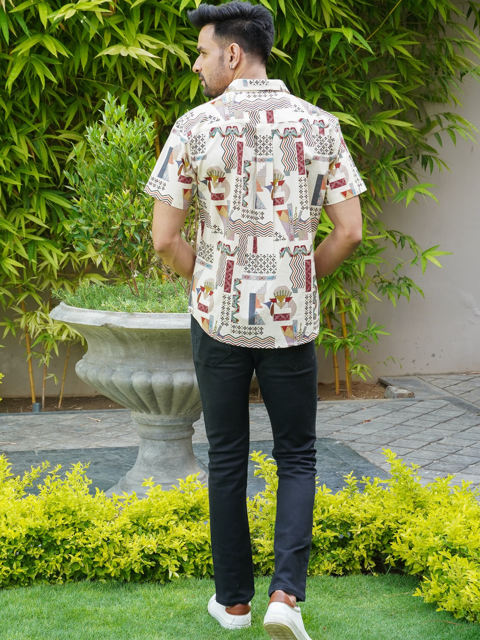 Back view of men’s beige abstract geometric print regular fit shirt