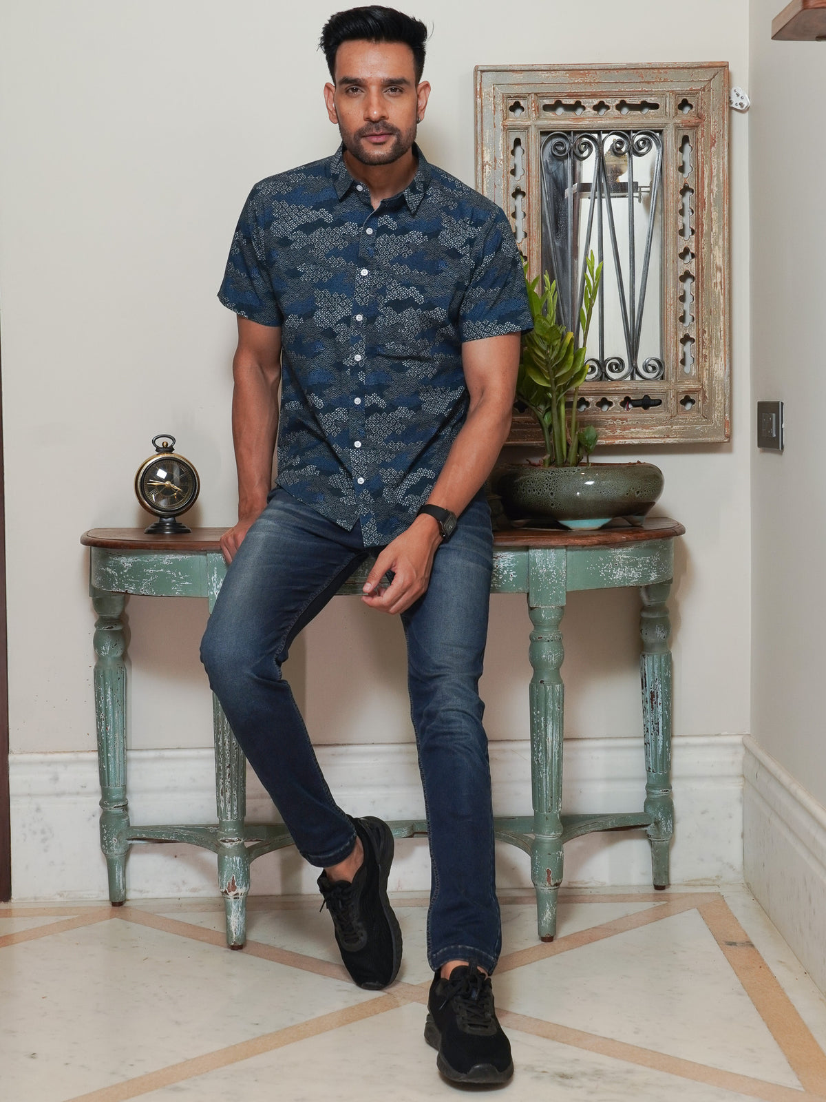 Front view of men’s blue abstract printed cotton shirt