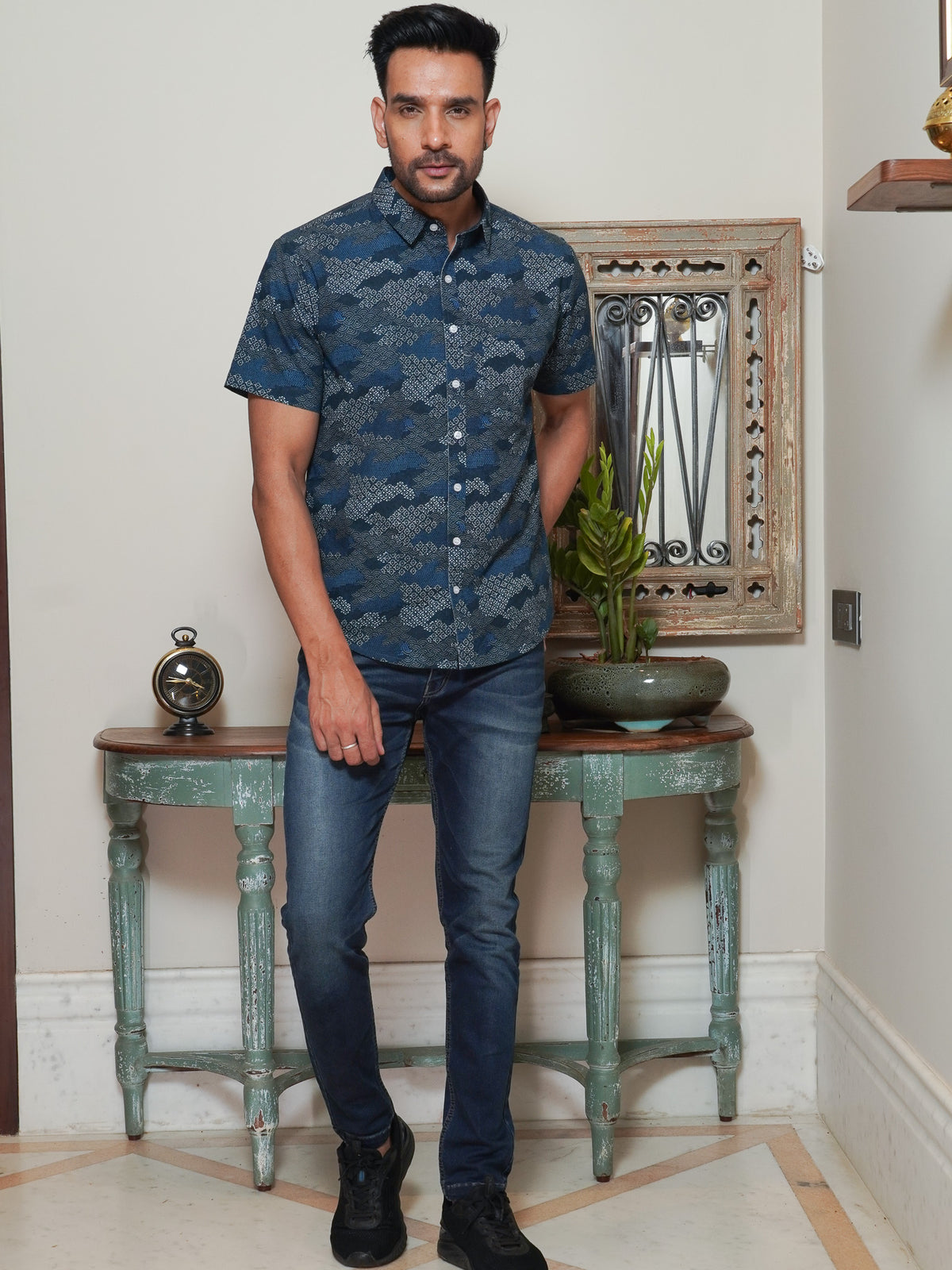 Front view of men’s blue abstract printed cotton shirt