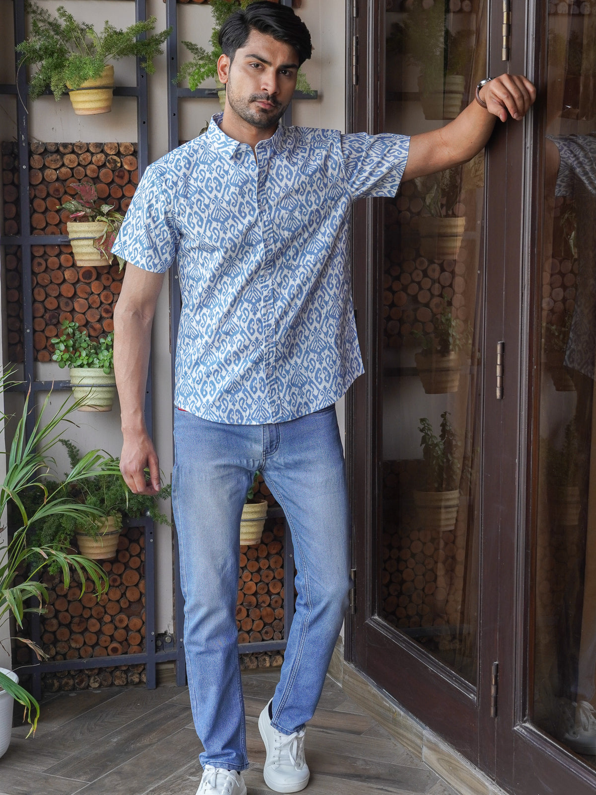 Front view of men’s blue indigo printed cotton shirt