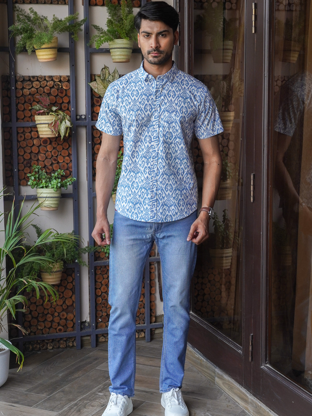 Front view of men’s blue indigo printed cotton shirt
