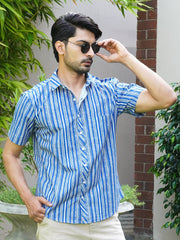 Men’s blue abstract striped printed cotton half sleeve shirt, front view
