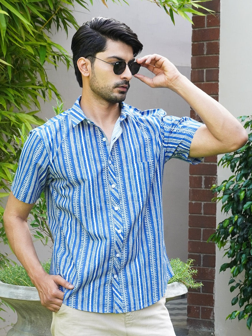Men’s blue abstract striped printed cotton half sleeve shirt, front view