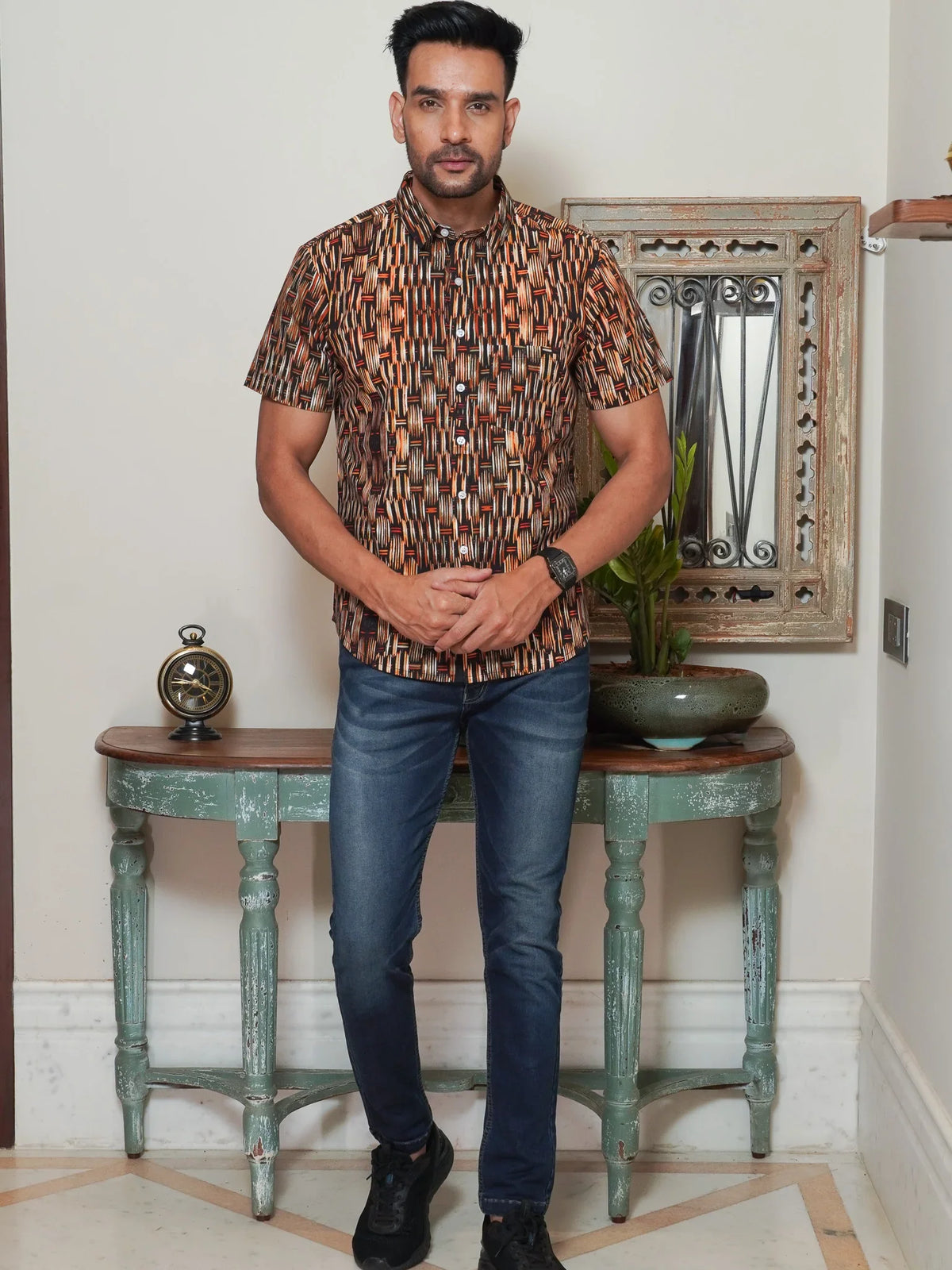 Front view of men’s brown abstract printed cotton shirt