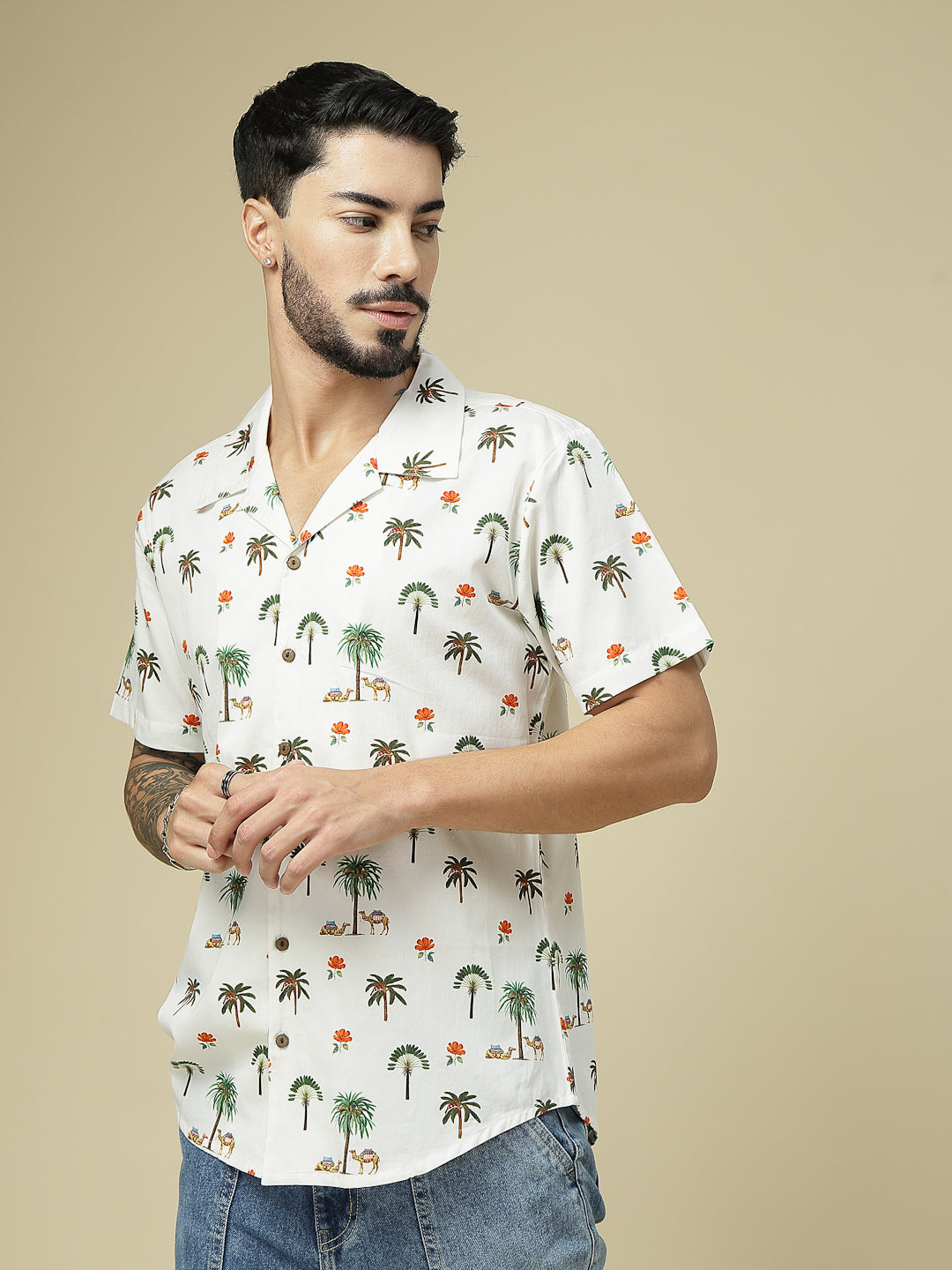 Side view of white tropical palm print half sleeve shirt for men
