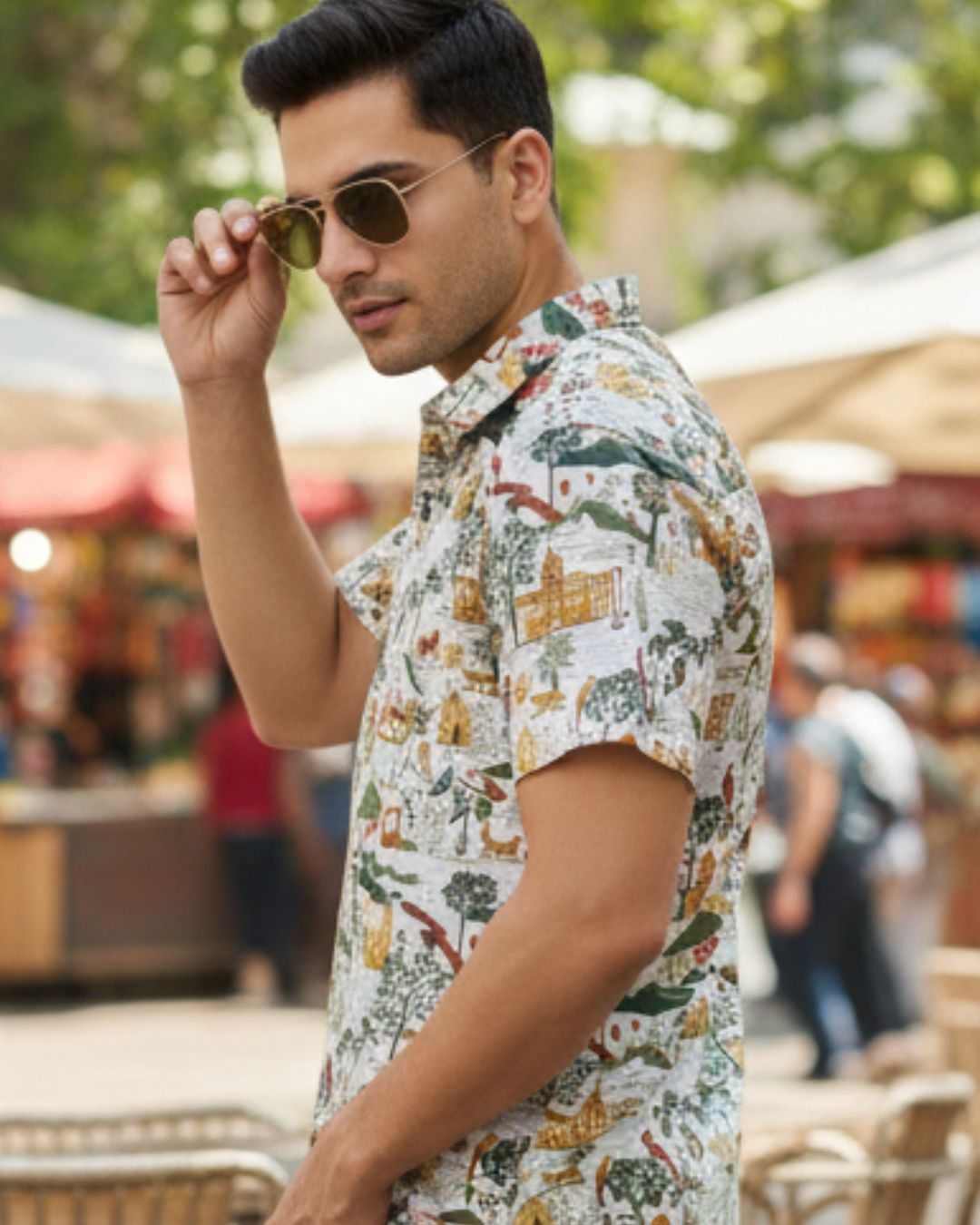 Model wearing men’s Majestic Journey heritage print shirt
