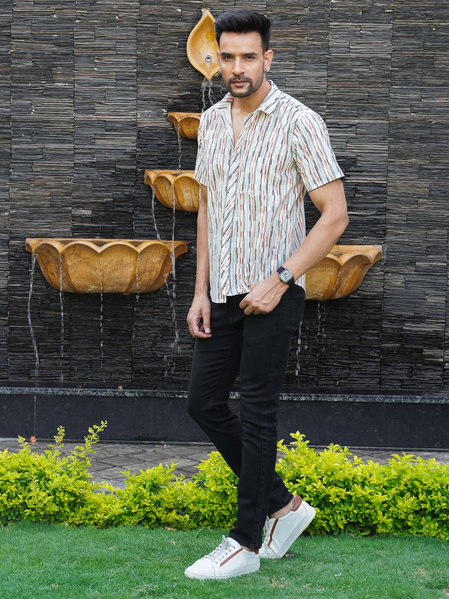Side view of multicolour checked print half sleeve shirt for men