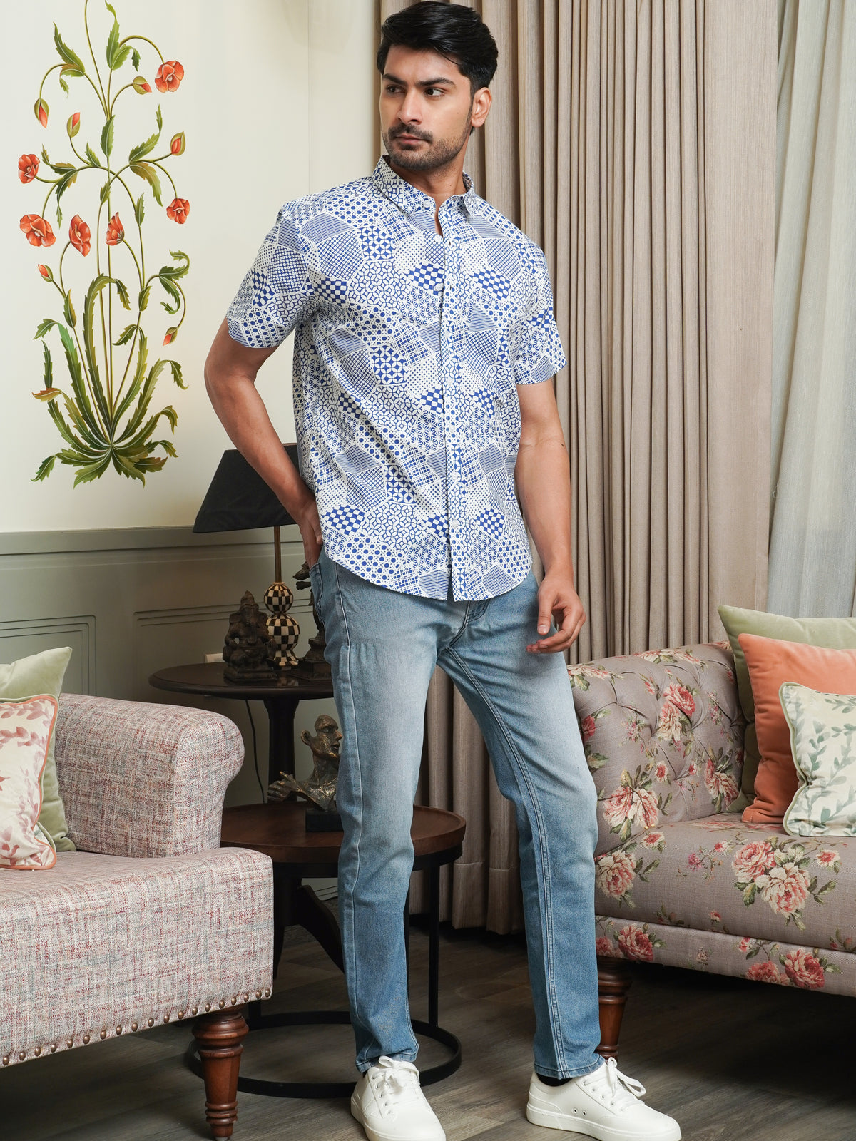 Front view of men’s blue abstract printed cotton shirt