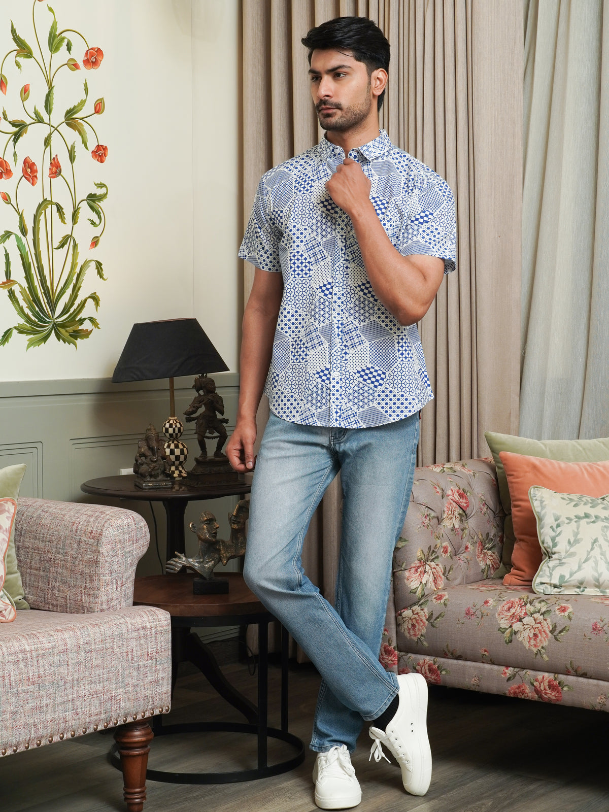 Front view of men’s blue abstract printed cotton shirt