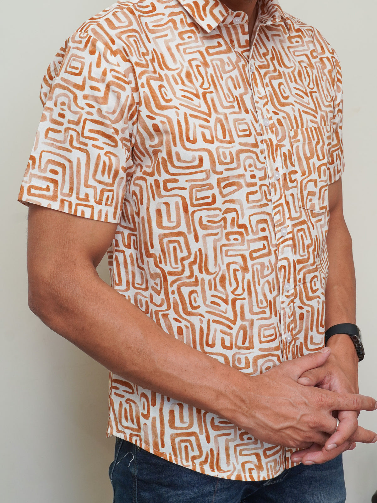 Side view of cream orange geometric box print shirt for men