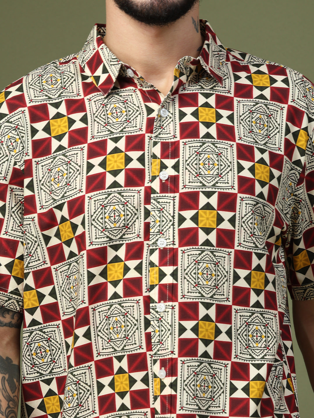 Close-up of square and triangular multicolor geometric motifs