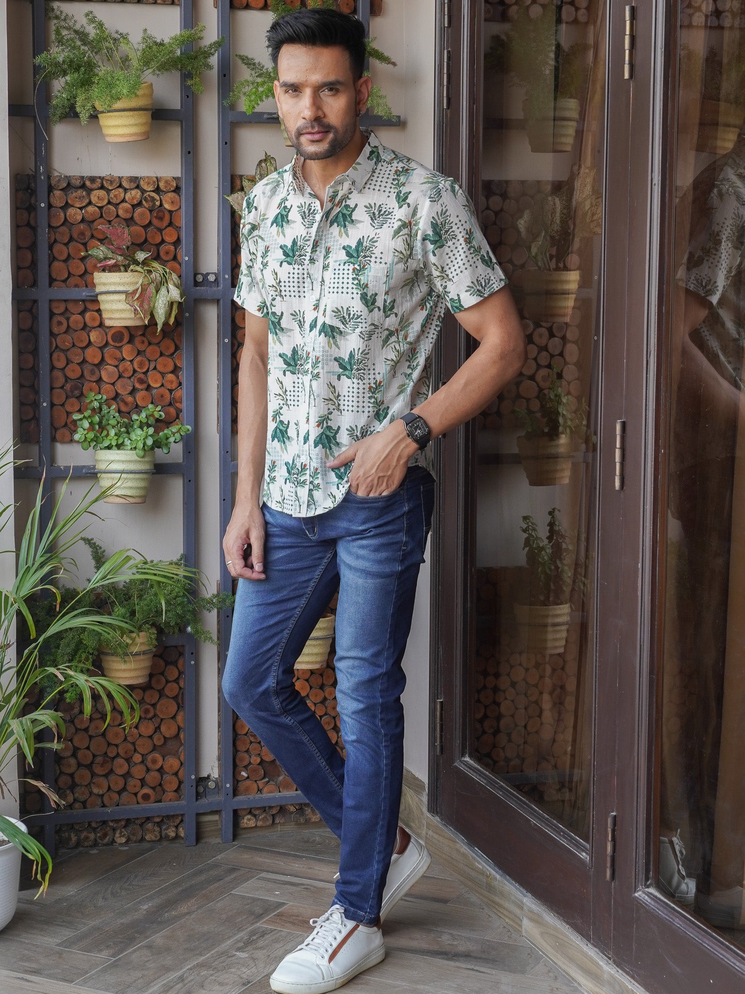Side view of light green botanical lattice print shirt for men