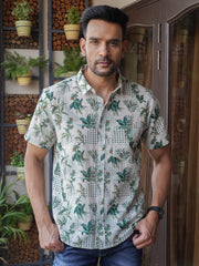 Men’s light green leaf and lattice print cotton half sleeve shirt, front view