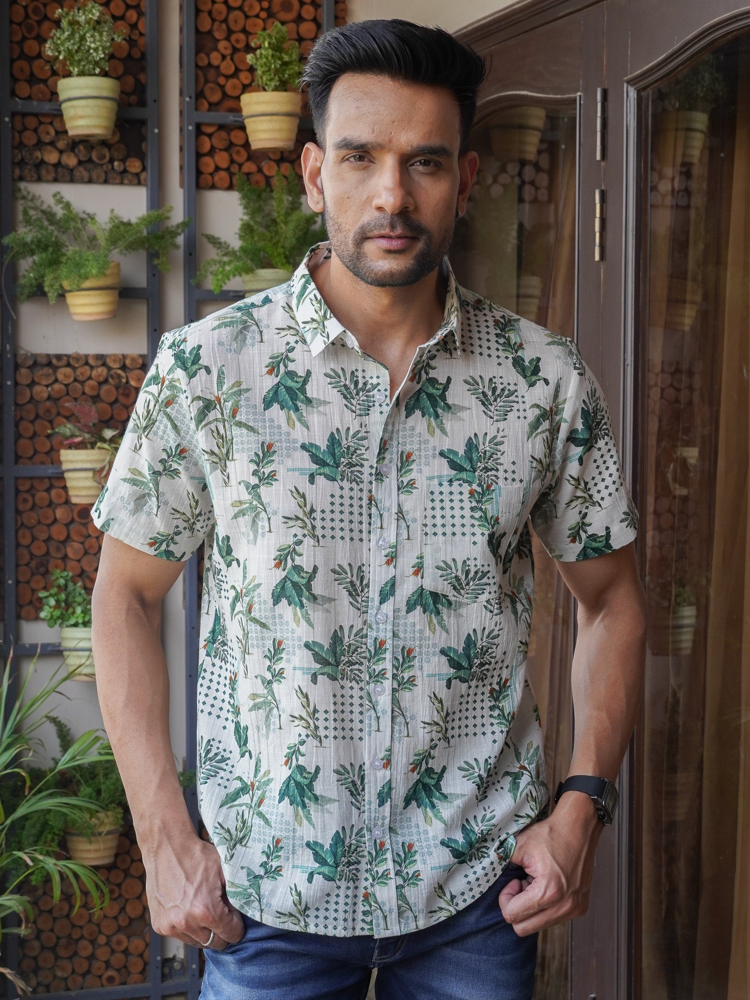 Men’s light green leaf and lattice print cotton half sleeve shirt, front view