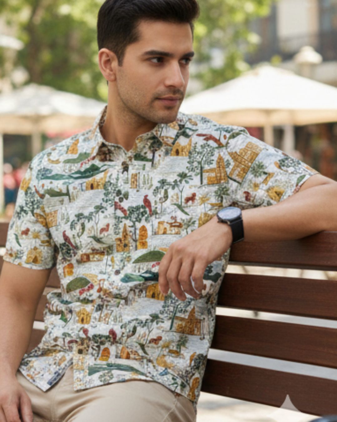 Side view of men’s illustrated heritage print half sleeve shirt