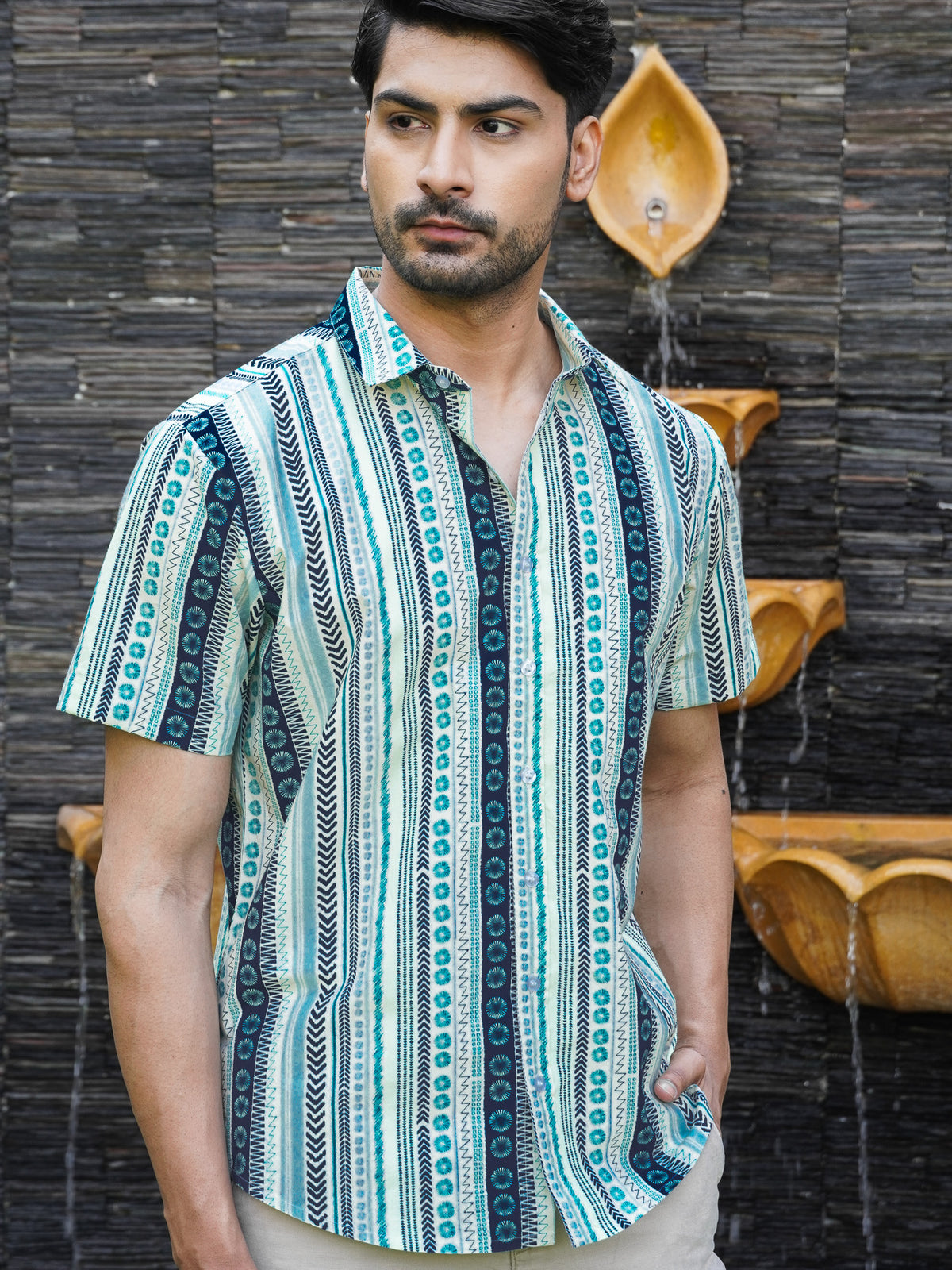 Front view of men’s light green printed cotton shirt