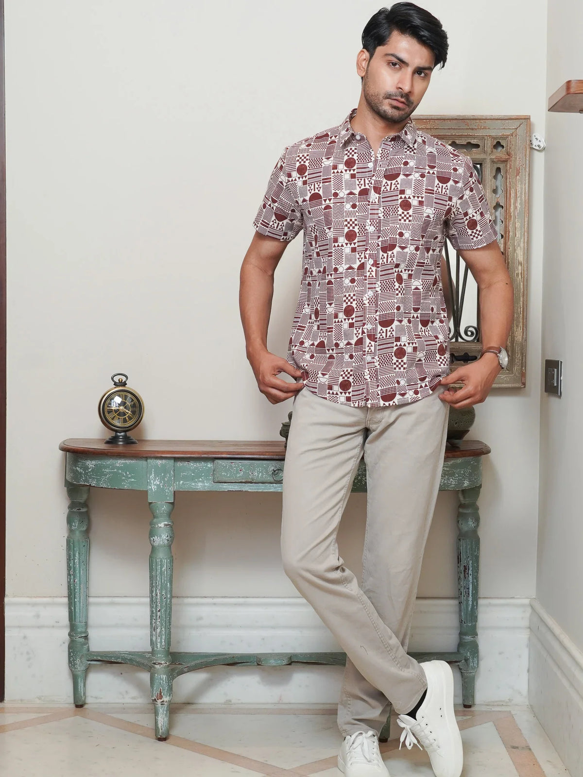 Front view of men’s maroon geometric printed cotton shirt