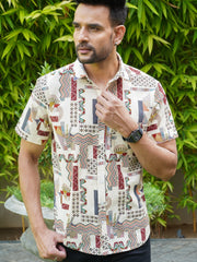 Men’s beige abstract geometric print cotton half sleeve shirt, front view