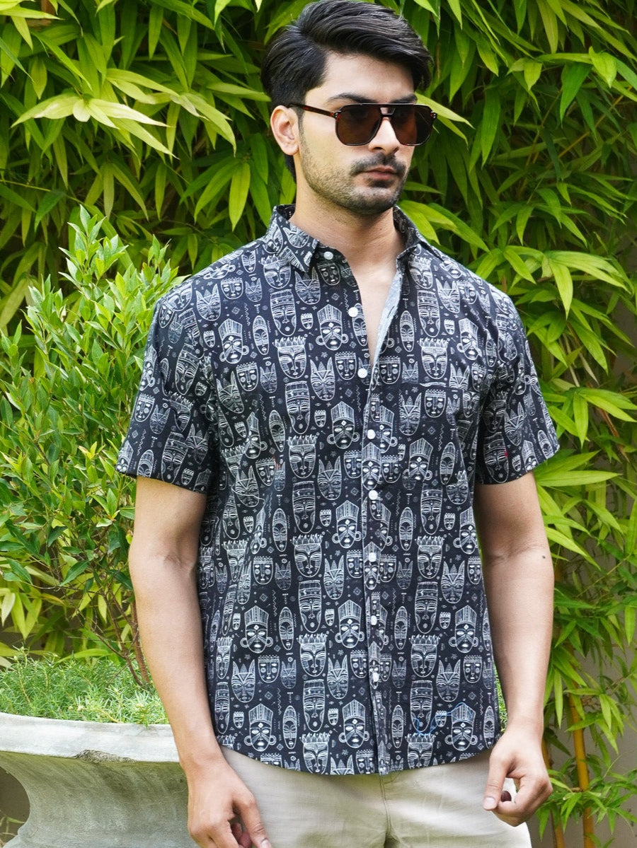 Men’s black tribal art print cotton half sleeve shirt, front view