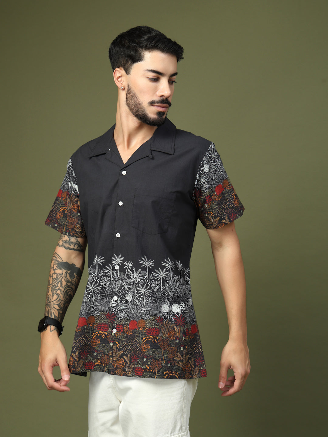 Men’s black tropical print cotton half sleeve shirt, front view