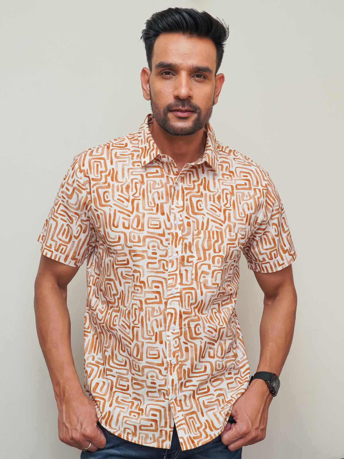 Men’s cream orange abstract box print cotton half sleeve shirt, front view
