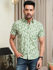 Men’s green abstract geometric print cotton half sleeve shirt, front view