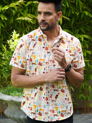 Men’s multicolour jungle safari print cotton half sleeve shirt, front view