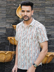 Men’s multicolour checked stripe print cotton half sleeve shirt, front view