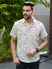 Men’s multicolour textured wave print cotton half sleeve shirt, front view