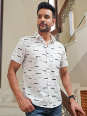 Men’s white black abstract print cotton half sleeve shirt, front view