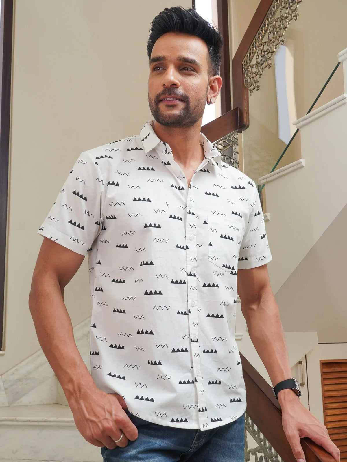 Men’s white black abstract print cotton half sleeve shirt, front view