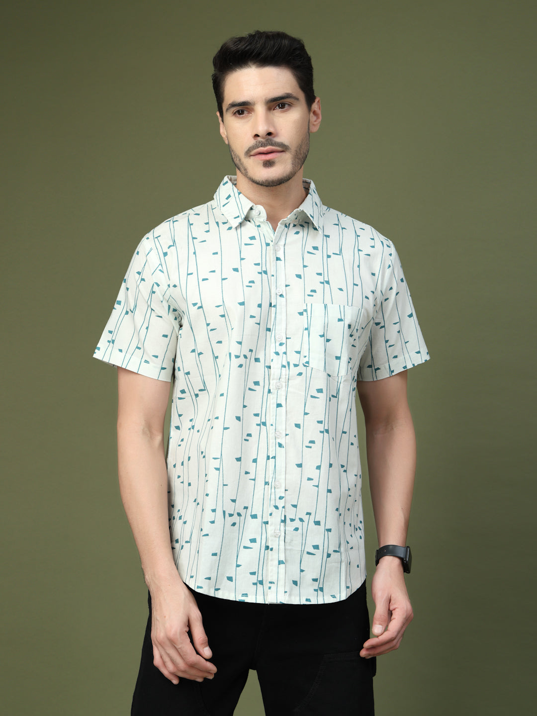 Men’s white minimal geometric print cotton half sleeve shirt, front view
