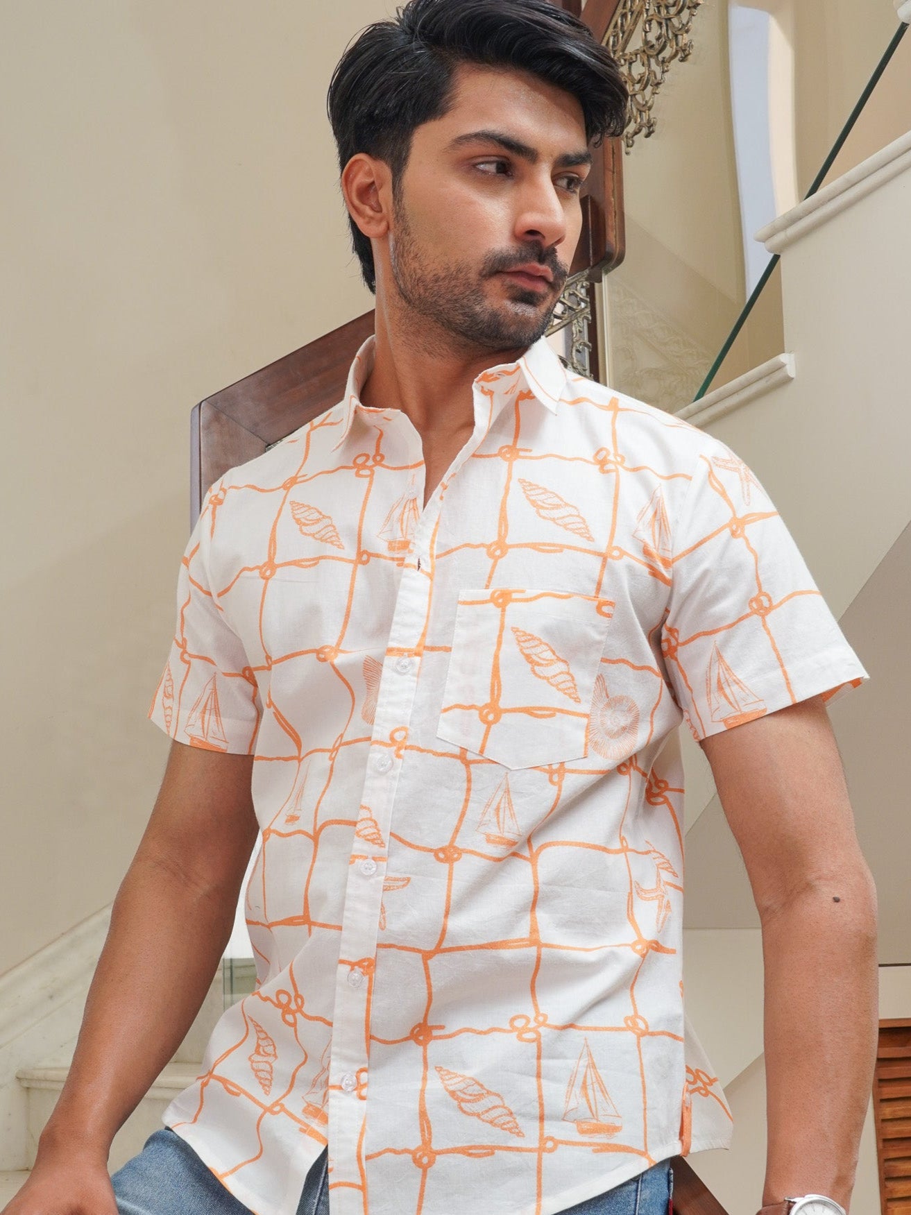 Men’s white orange abstract box print cotton half sleeve shirt, front view