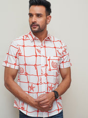 Men’s white red nautical box print cotton half sleeve shirt, front view