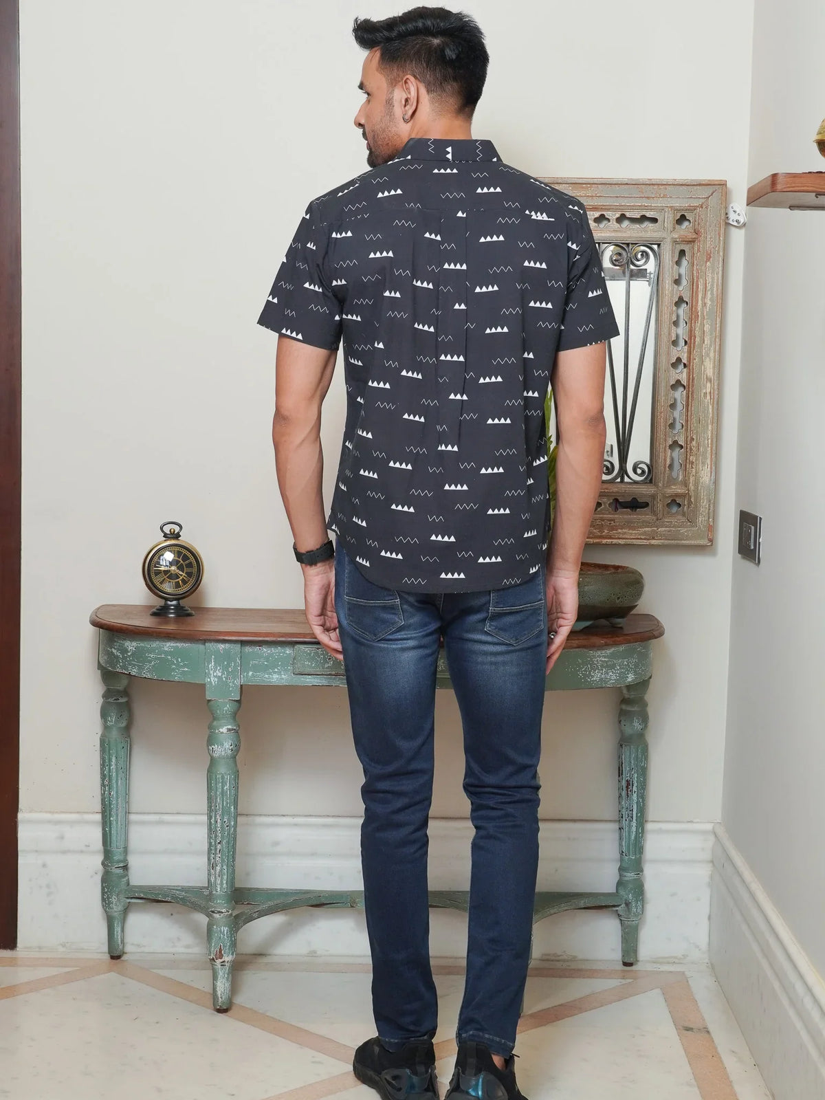 Back view of The Dapper X black minimal geometric shirt