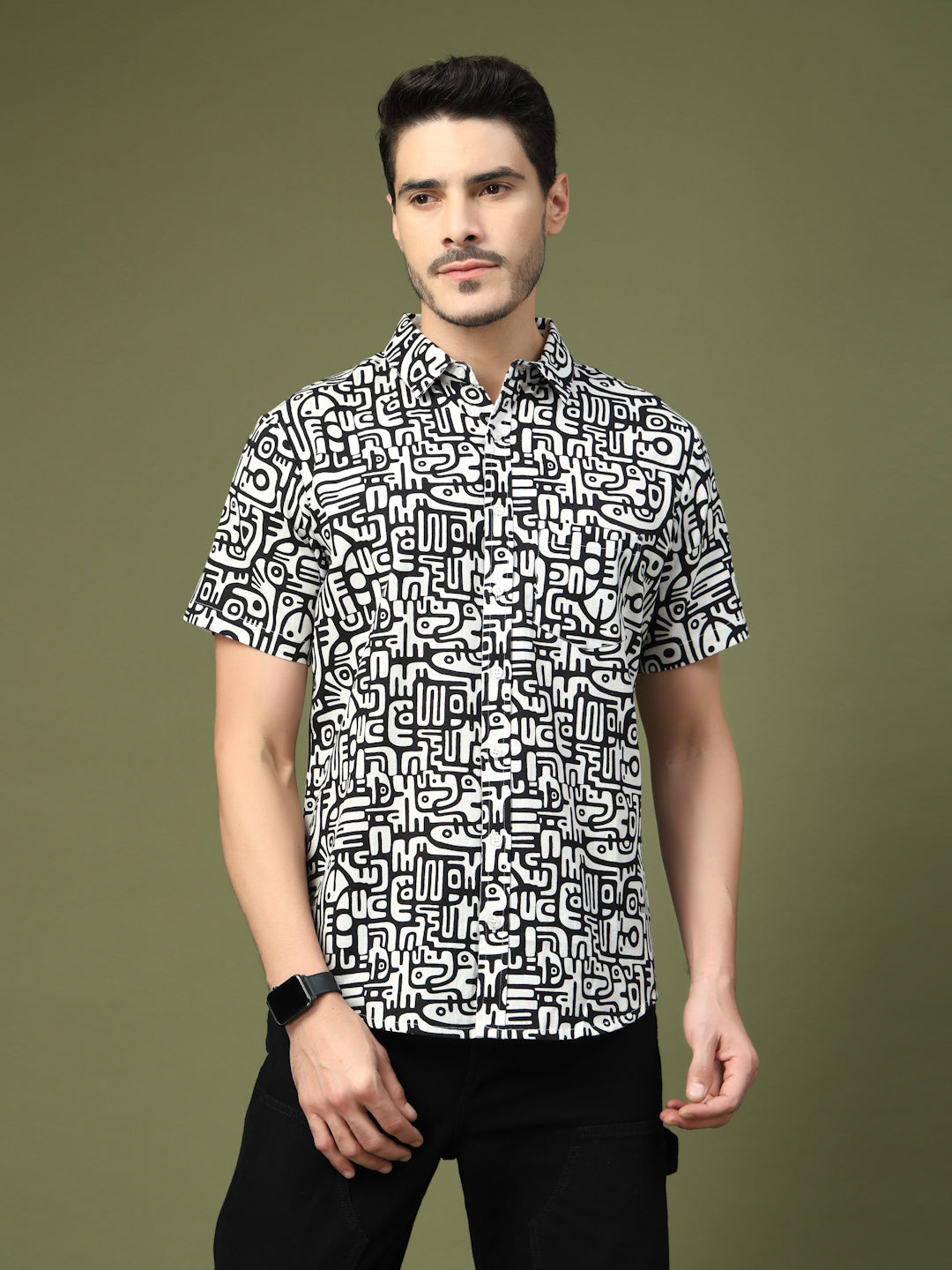 Model wearing a black and white abstract typography printed cotton shirt