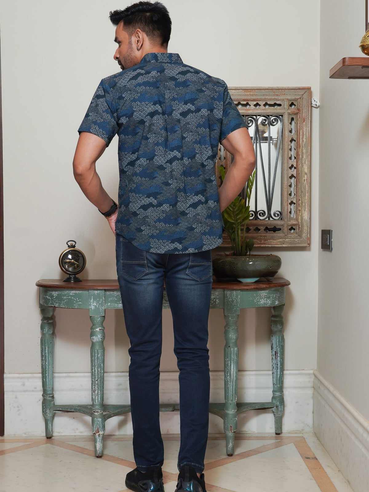 Back view of The Dapper X Blue Cloudywash printed shirt