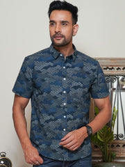 Model wearing a dark blue Cloudywash abstract printed half sleeve shirt