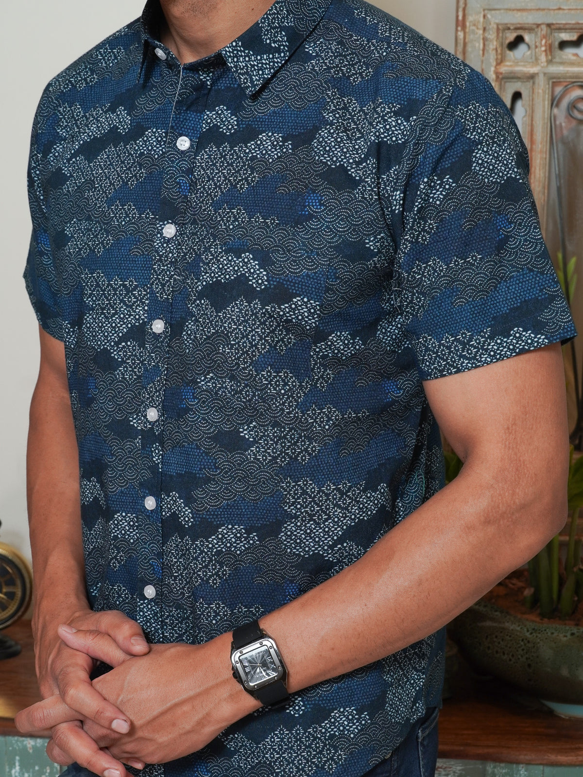 Side view of men’s dark blue abstract half sleeve shirt
