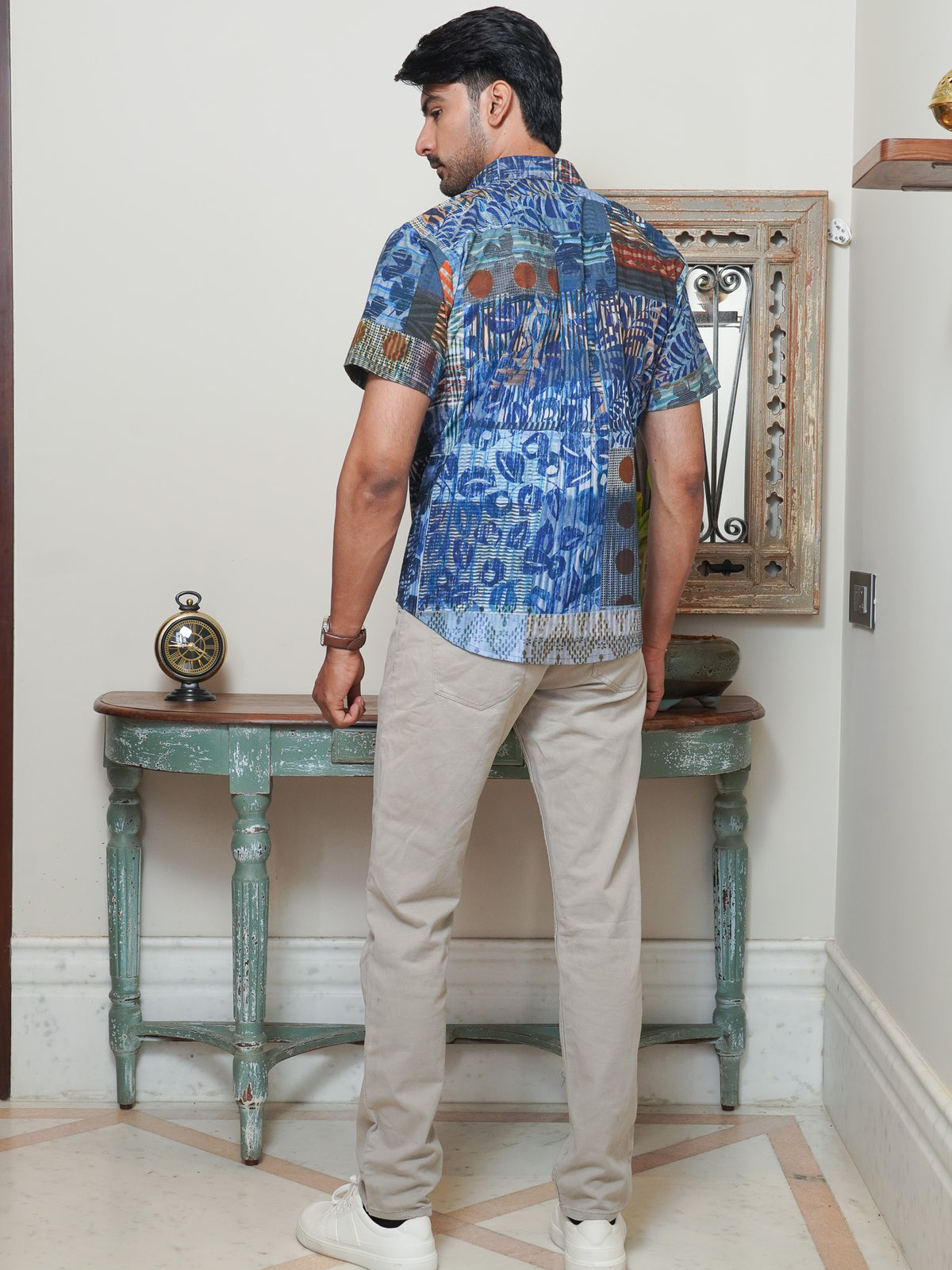 Back view of The Dapper X blue geometric printed shirt