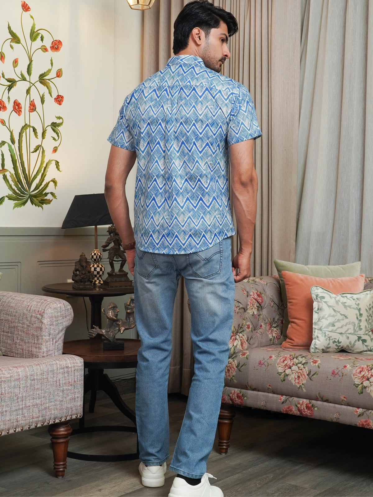 Back view of The Dapper X blue zigzag printed shirt