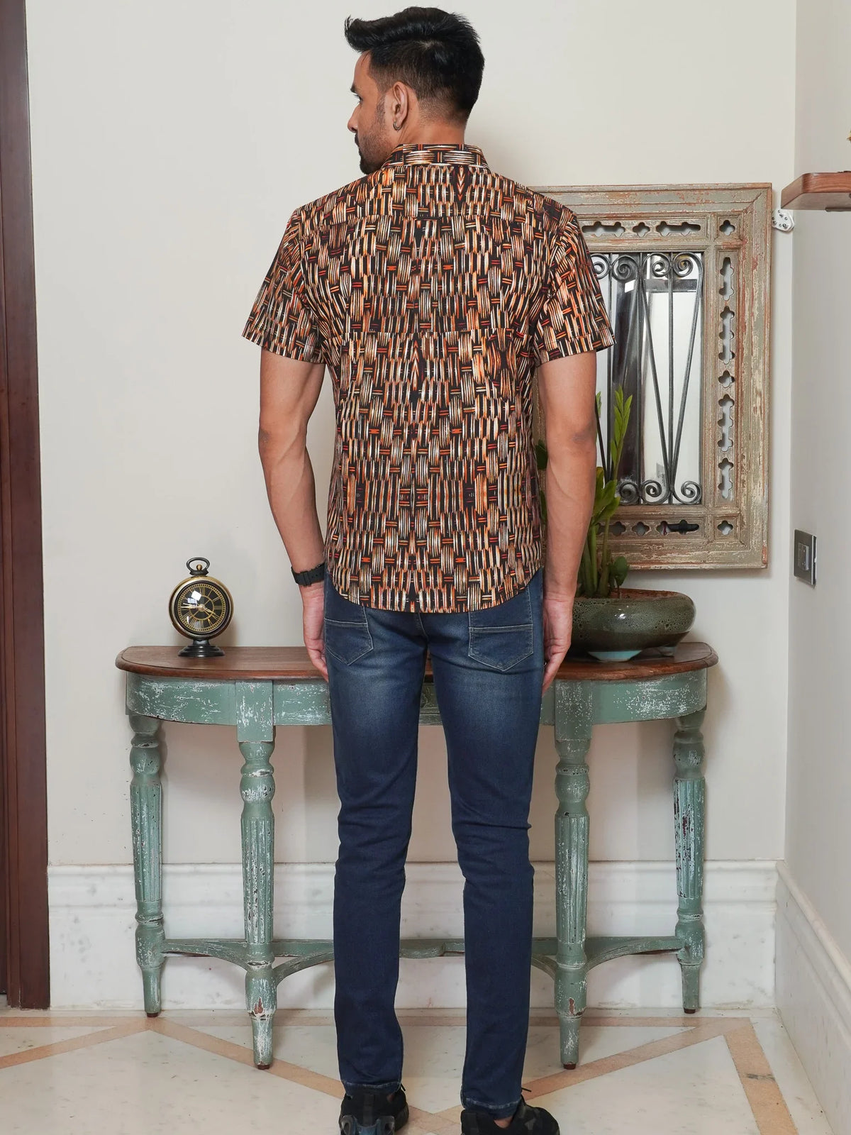 Back view of The Dapper X brown abstract printed shirt
