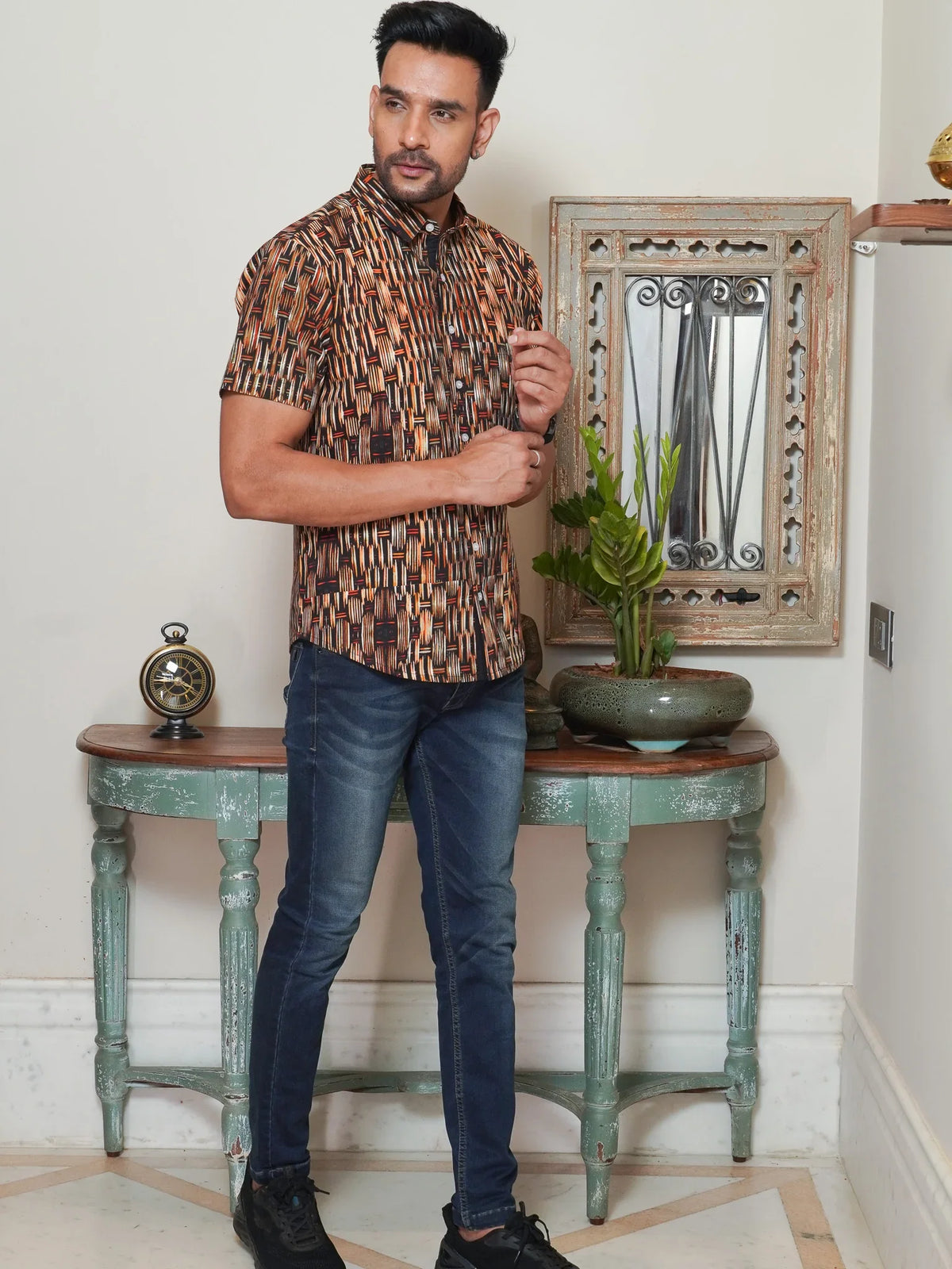 Side view of men’s brown geometric half sleeve shirt
