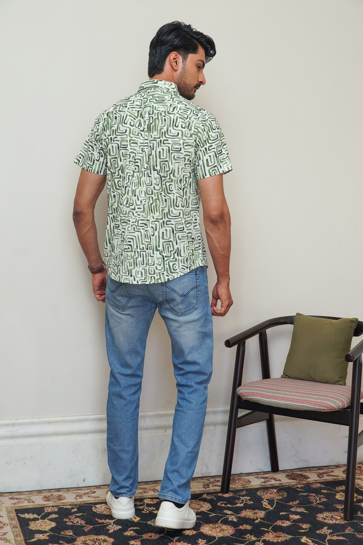 Back view of The Dapper X green abstract maze shirt